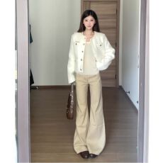 批发美式微喇拖地高腰牛仔裤女2025年冬季新款卡其色百搭阔腿长裤潮