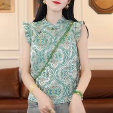 批发新中式上衣女夏季桑蚕丝<b class='q'>真丝</b>宋锦<b class='q'>旗袍</b>盘扣小衫小飞袖国风无袖衬衫