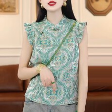 批发新中式上衣女夏季桑蚕丝<b class='q'>真丝</b>宋锦<b class='q'>旗袍</b>盘扣小衫小飞袖国风无袖衬衫