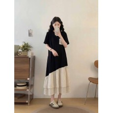 批发实拍<b class='q'>夏季</b>大码女装胖mm显瘦遮肚法式不规则拼接钩花<b class='q'>连衣裙</b>过膝长裙