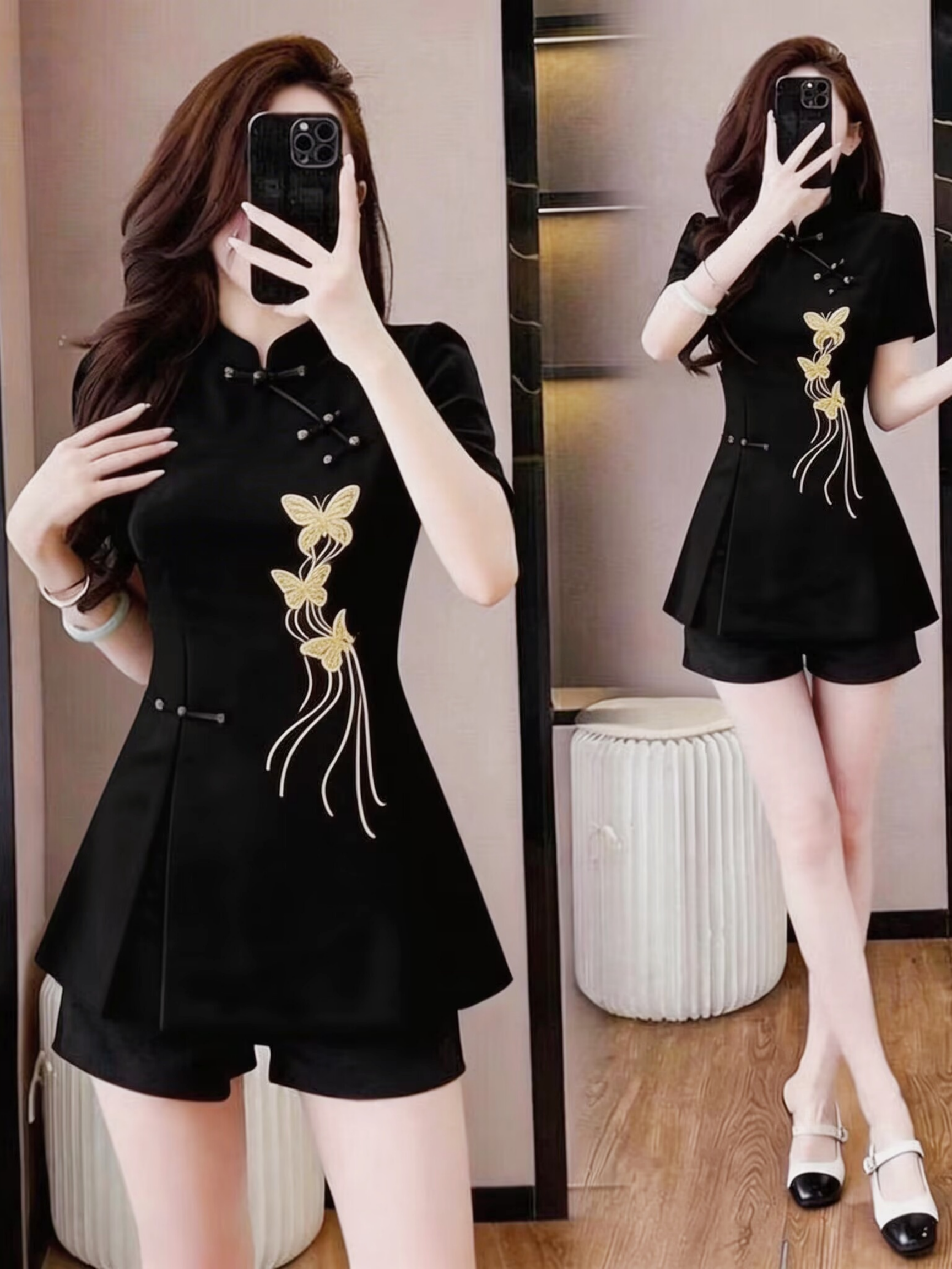 RY3558# 大码女装2026夏新款中式改良旗袍蝴蝶绣花短袖套装时尚显瘦两件套