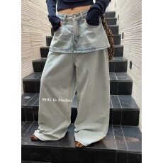 批发<b class='q'>韩国</b>东大门2025早秋新款复古宽松设计假两件屁帘<b class='q'>牛仔裤</b>女阔腿长裤