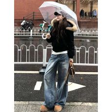 批发<b class='q'>牛仔裤</b>女2025年冬季流行高腰阔腿<b class='q'>显瘦</b>美式百搭垂感街头拖地长裤子