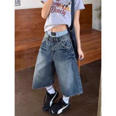 批发大码美式复古<b class='q'>镶钻</b>设计竹节牛仔七分裤男女夏季水洗宽松阔腿中裤潮