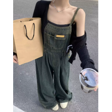 批发<b class='q'>大码</b>复古高腰牛仔<b class='q'>背带裤</b>女春季新款设计感显瘦宽松直筒阔腿连体裤