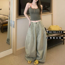 批发小个子美式复古抽绳工装牛仔裤<b class='q'>女</b>辣妹宽松百搭休闲A字大阔腿裤<b class='q'>潮</b>