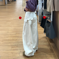 批发小个子美式白色弯刀阔腿牛仔裤女高腰宽松显瘦设计感拖地休闲长裤