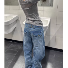批发F383 美式复古巴黎扣设计竹节牛仔<b class='q'>裤</b>男女水洗直筒宽松<b class='q'>百搭</b>长<b class='q'>裤</b>ins