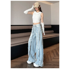 批发高腰浅蓝毛边阔腿牛仔裤女水洗复古做旧设计感宽松垂感拖地直筒裤
