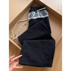 批发韩系蕾丝裙摆拼接休闲裤女<b class='q'>夏</b>季2026新款设计感小众黑色直筒阔腿裤