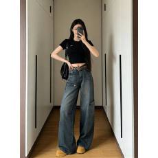 批发韩系复古酷飒风工装弯刀牛仔裤<b class='q'>女</b>夏季新款高腰显瘦百搭直筒阔腿<b class='q'>裤</b>