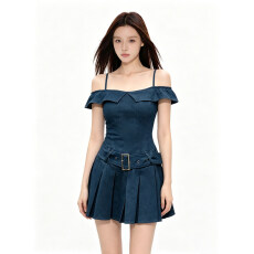 批发VERUMI 美式复古辣妹一字肩吊带<b class='q'>连衣裙</b>女夏季新款收腰显瘦短裙子