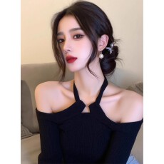 批发秋季独特超好看时尚洋气<b class='q'>小衫</b>小众设计高级感一字肩黑色挂脖上衣女