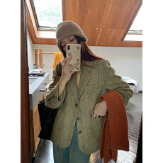 批发2025韩版复古人字纹毛呢西装外套女高级感上衣秋<b class='q'>冬</b>通勤休闲时尚