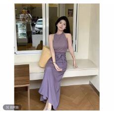 批发法式气质紫色针织挂脖女<b class='q'>夏季</b>外穿修身上衣紫色半身裙套装