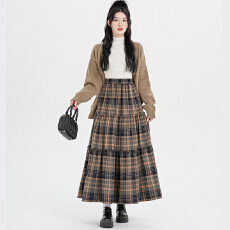 批发红色复古毛呢格子半身裙A字蛋糕裙木耳花边大摆伞裙2025秋冬新款