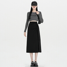 批发设计感开叉褶皱半身裙女2025秋冬新款不规则中长款显瘦修身裙