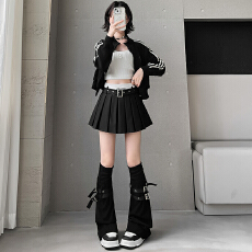 批发甜辣学院风带腰带百褶裙女新款高腰撞色休闲A字短裙<b class='q'>西装</b>半身裙