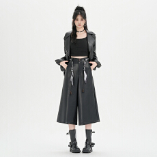 批发辣妹<b class='q'>街头</b>重工七分裤PU皮裤女2025新款结构设计小众直筒宽松休闲裤