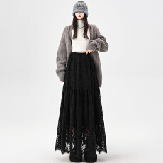 批发蕾丝勾花拼接半身裙女2025秋冬新款高腰显瘦中长款a字<b class='q'>大摆裙</b>