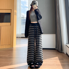 批发加厚水貂绒<b class='q'>条纹</b>针织<b class='q'>阔腿裤</b>女2025秋冬新款高腰慵懒直筒拖地<b class='q'>裤</b>