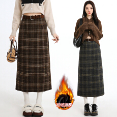 批发加绒毛呢格子半身裙女2025秋冬高腰显瘦a字开叉中长款<b class='q'>包臀裙</b>