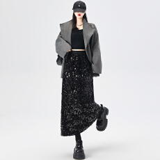 批发亮片闪闪半身裙女2025冬季显瘦高腰a字中长款直筒开叉<b class='q'>包臀裙</b>