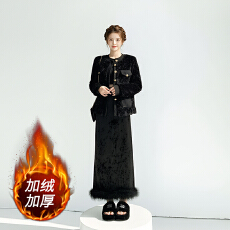 批发加绒丝绒毛毛半身裙女冬季高腰垂感开叉一步裙a字包臀长裙