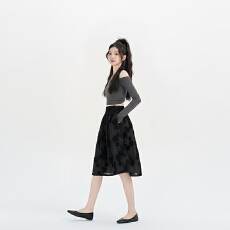 批发法式立体提花半身裙早春新款花朵松紧腰休闲百搭大摆裙中裙