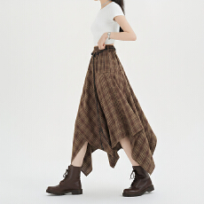 批发咖色复古格纹半身裙女不规则设计感高腰显瘦a字裙2026春夏