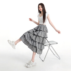 批发甜美温柔格子蛋糕半身裙女夏季高腰层层荷叶边<b class='q'>中长款</b>a字裙