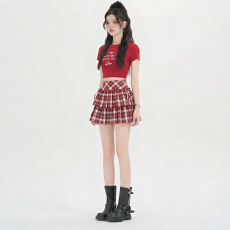 批发复古学院风系带<b class='q'>半身</b>裙2026夏季新款辣妹格子<b class='q'>短裙</b>蛋糕a字裙
