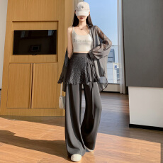 批发灰色蕾丝拼接屁帘<b class='q'>西装</b>阔腿裤<b class='q'>女</b>夏季高腰显瘦休闲直筒拖地裤