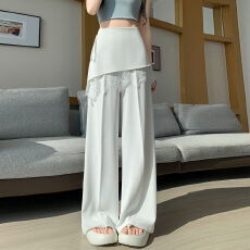 批发假两件蕾丝拼接屁帘阔腿裤<b class='q'>女</b>夏季高腰显瘦<b class='q'>西装</b>休闲直筒拖地裤