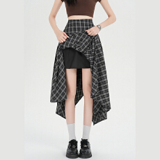 批发格纹高腰不规则半身裙女显瘦宽松设计感a字中<b class='q'>长裙</b>子2026新款