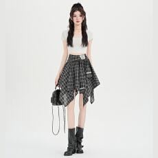 批发韩版格子不规则蕾丝拼接<b class='q'>半身裙</b>女松紧腰a字裙2026春夏新款