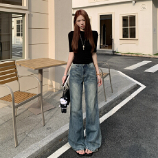 批发复古水洗做旧低腰牛仔<b class='q'>裤</b>美式辣妹微喇叭宽松直筒百搭长<b class='q'>裤</b>