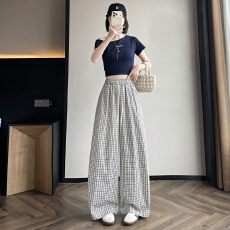 批发2026夏季新款显瘦百搭韩版格子裤<b class='q'>女</b>生洋气抽绳<b class='q'>休闲裤</b><b class='q'>长裤</b>