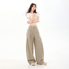 批发美式侧边压褶解构阔腿弯刀裤女<b class='q'>百搭</b>独特褶皱大口袋廓形拖地休闲裤