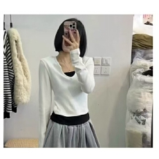 批发韩国2025秋冬装新款时尚修身显瘦韩版V领长袖假两件打底衫<b class='q'>T</b>恤女潮