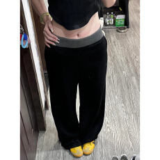 批发黑色拼接直筒休闲<b class='q'>裤</b>女秋季新款大码胖mm宽松显瘦阔腿运动卫<b class='q'>裤</b>子