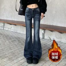 批发实价#加绒加厚喇叭裤女秋冬弹力高腰显瘦保暖阔腿牛仔裤女