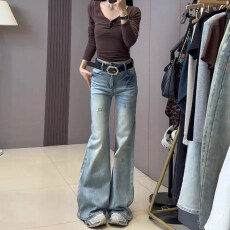 批发实价#美式辣妹浅蓝色微喇牛仔<b class='q'>裤</b>女2026新款春季高腰喇叭马蹄<b class='q'>裤</b>