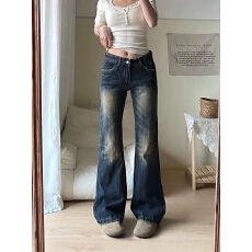 批发实价#美式辣妹个性设计感刺绣牛仔<b class='q'>裤</b>子女复古做旧拖地<b class='q'>裤</b>