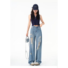 批发实价#美式复古破洞阔腿<b class='q'>牛仔</b>裤<b class='q'>女</b>2026夏季新款辣妹高腰直筒拖地裤