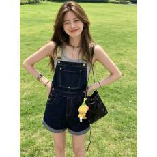 批发实价#美式复古深蓝<b class='q'>牛仔</b>背带短裤女夏季宽松直筒<b class='q'>连体裤</b>