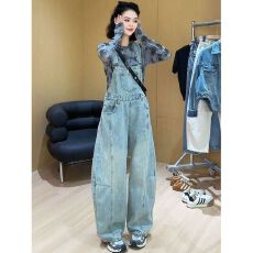 批发实价#复古牛仔<b class='q'>背带</b>裤女设计感小众宽松工装直筒阔腿拖地连体裤