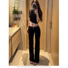 批发实价#美式复古黑色铆钉低腰微喇<b class='q'>牛仔裤</b><b class='q'>女</b>秋季新款辣妹修身拖地裤