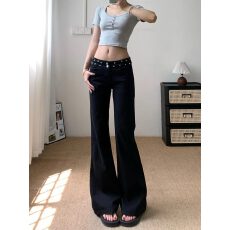 批发实价#美式辣妹黑色铆钉低腰微喇<b class='q'>牛仔裤</b><b class='q'>女</b>2026早秋修身直筒长裤