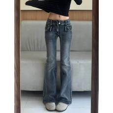 批发实价#美式复古微喇<b class='q'>牛仔裤</b>女秋季辣妹低腰双扣<b class='q'>绣花</b>钉珠喇叭裤